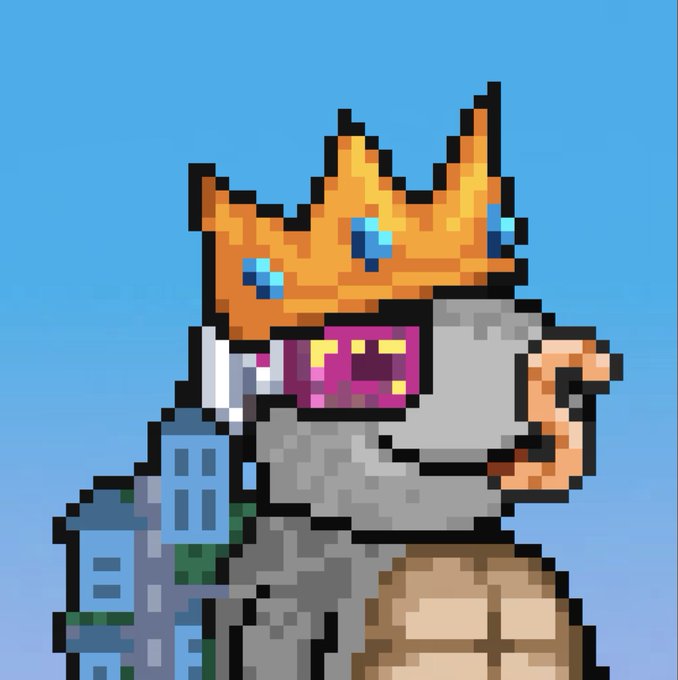 A pixel art character wears an orange crown with blue gems, a gray beard, and is dressed in armor while holding a brown shield.