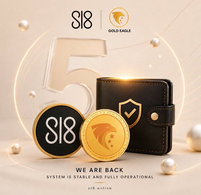 The image is a promotional graphic for "SL8 | GOLD EAGLE" featuring a black wallet with a gold shield-check emblem, two coins (one black displaying "SL8" and one gold with an eagle design), and a large stylized "5" in the background, with the text "WE ARE BACK - SYSTEM IS STABLE AND FULLY OPERATIONAL" and "sl8.online" at the bottom. The graphic visually reinforces the post's message about SL8's all-in-one Web3 platform, showcasing the wallet component and signaling a successful relaunch after the system returned to full functionality.