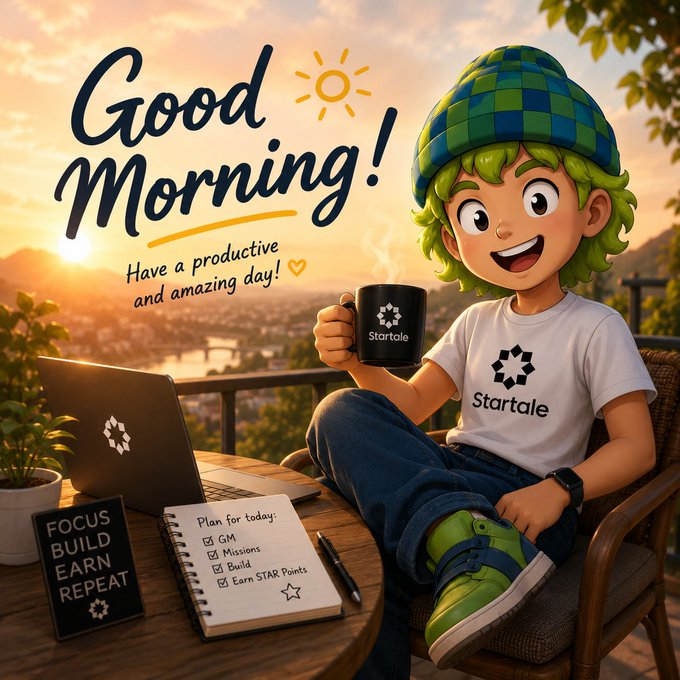 Good Morning illustration showing a 3D cartoon character with green hair and a checkered beanie, wearing a Startale shirt and holding a branded mug, with a laptop, notebook plan, and 'Focus Build Earn Repeat' sign on the table.