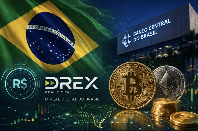 Brazil's flag and Central Bank headquarters ("Banco Central do Brasil") are shown alongside the Drex "Real Digital" CBDC logo (R$) and physical representations of Bitcoin, Ethereum, and other cryptocurrencies, visually capturing the nation's dual approach of advancing its own digital currency while simultaneously tightening regulations on the broader crypto market.
