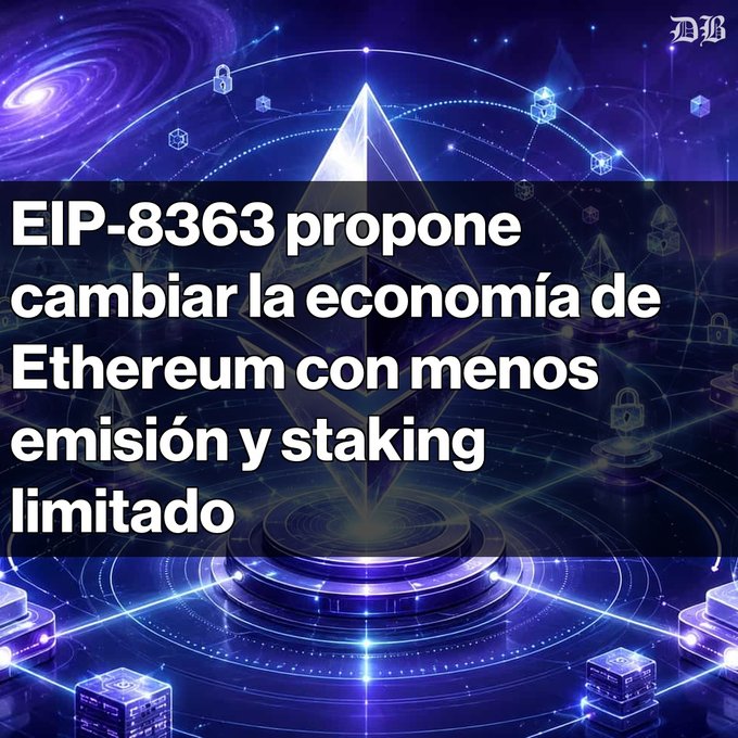 The image displays a stylized graphic featuring the Ethereum logo (a diamond-shaped symbol) surrounded by cosmic and blockchain-themed elements like cubes, circuit patterns, and a swirling galaxy background in purple and blue tones. The overlay text reads "EIP-8363 propone cambiar la economía de Ethereum con menos emisión y staking limitado," directly reinforcing the post's discussion about the proposal to burn validator rewards and cap staked ETH to alter Ethereum's economic model.