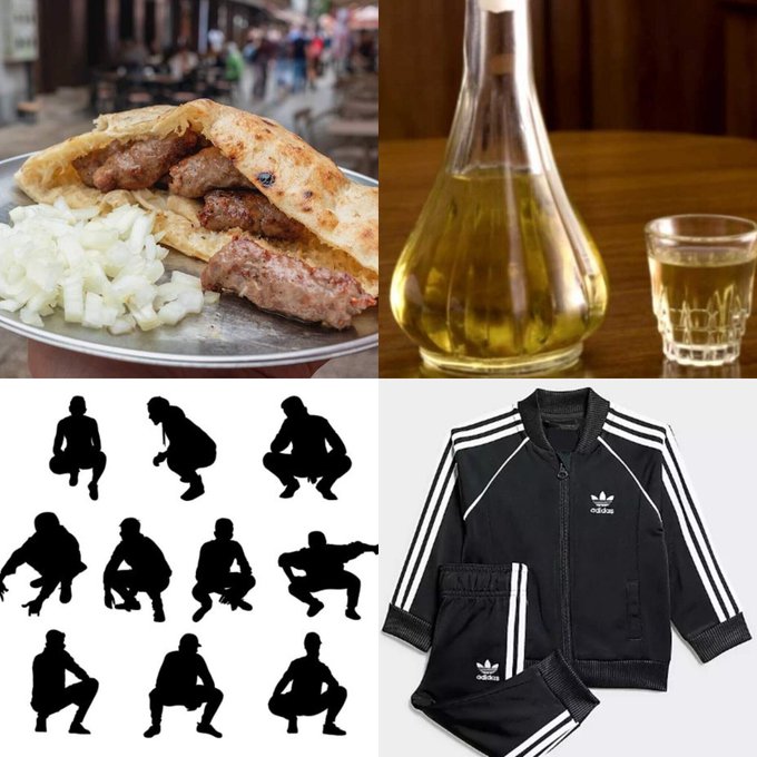A four-panel collage featuring cevapi (grilled sausages) with onions and flatbread, a bottle of olive oil with a small glass, silhouettes of crouching people in various poses, and a black Adidas tracksuit.