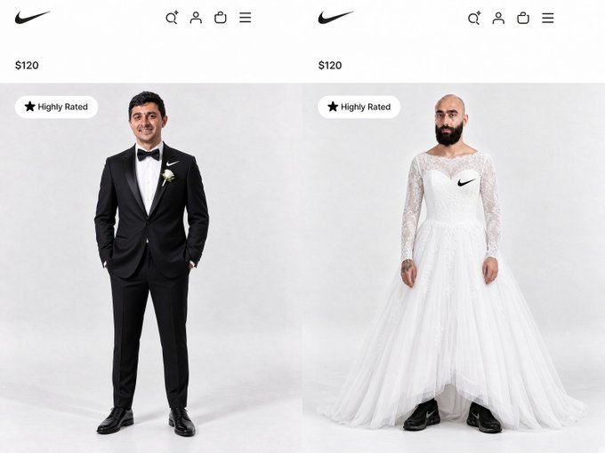 Two side-by-side Nike product images priced at $120 each, both labeled 'Highly Rated': the left shows a man in a black tuxedo with a Nike swoosh pin, and the right shows a man wearing a white lace wedding dress with a Nike logo.