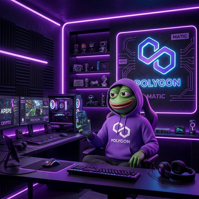 The image features a cartoon frog wearing a purple hoodie, sitting at a desk with a computer monitor and keyboard. The frog appears to be playing video games or using a cell phone while holding up a sign that says "Polygon". The background of the image is dark purple, which complements the overall color scheme of the cartoon character's outfit. The post seems to be celebrating Polygon's anniversary by sharing a photo of the cartoon frog and its surroundings with the hashtag #APEPECreator.