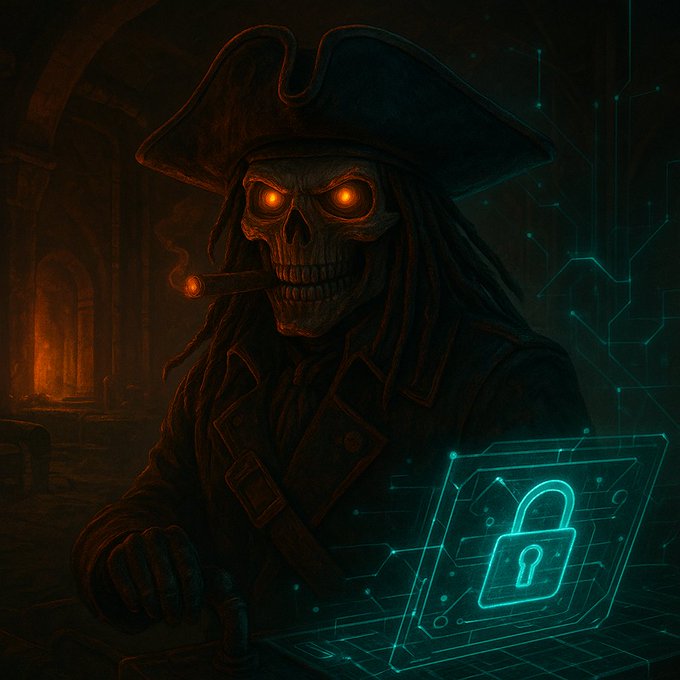 A menacing skeleton pirate with glowing orange eyes and a smoking cigar sits before a holographic blue padlock and circuit-patterned screen, fitting the post's message by symbolizing the secure unlocking of multiple NFT raffle winners rather than a single crown. No visible text, numbers, or tickers appear in the image.