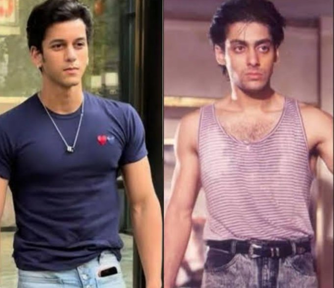 The image shows a side-by-side comparison of two photos featuring Salman Khan, with the left image showing him in a navy blue t-shirt with a small red heart design, and the right image showing a younger version of him in a striped tank top. The post's reference to cryptocurrency tickers ($BCH and $BTC) appears unrelated to the image content, suggesting the post may be misusing the image as a meme format to compare different states or versions of something.