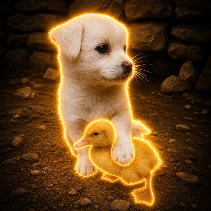 A digital artwork showing a small golden puppy and a duckling sitting together, both outlined in a glowing golden-orange magical light against a dark stone background.