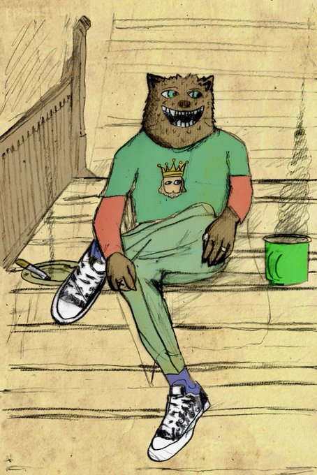 An illustration of an anthropomorphic cat character with a wide grin, wearing a green shirt and pants, sitting on wooden steps with a shoe and a green paint can nearby.