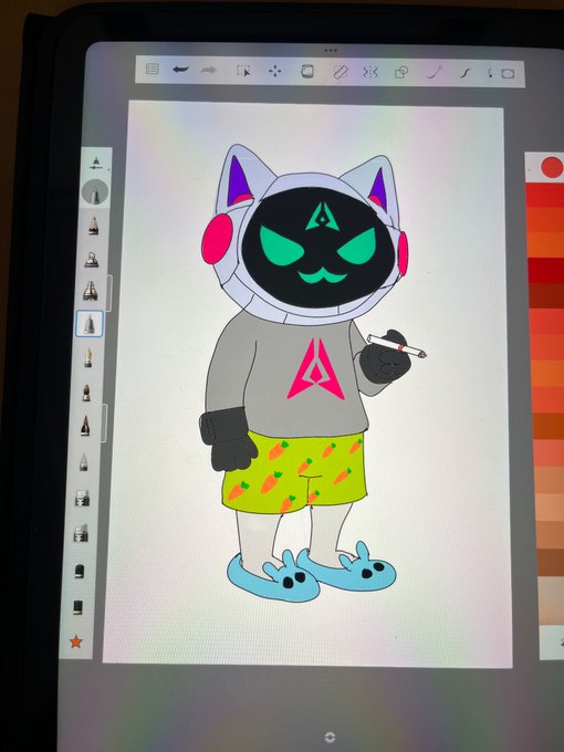 A digital drawing displayed on a tablet shows a cartoon character with a cat-ear hoodie, black face, green glowing eyes, grey sweatshirt, green shorts, and blue frog slippers, holding a cigarette.