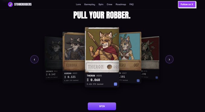 A screenshot from the StokRobbers website displaying a 'PULL YOUR ROBBER' card collection interface, featuring various animated animal warrior characters like Theron, Kuroha, and Beru with associated stats and a purple 'SPIN' button.
