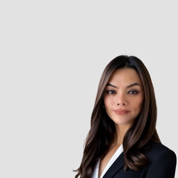 The image shows a professional headshot of a woman with long dark wavy hair, wearing a black blazer over a white top, set against a light gray background. The photo corresponds to Lenna Russ, Chief Commercial Officer at Quant Network ($QNT), as mentioned in the accompanying post about her role at Sibos 2026 Miami.