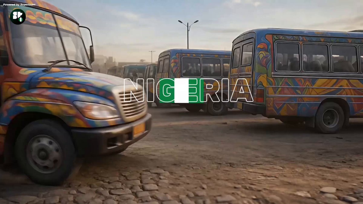 The image features a group of colorful buses parked next to each other with the word "Nigeria" written above them, along with an animation that says "I created this animation for @SuperteamNG as a celebration of the builders, creators and people across Nigeria building on Solana". The buses are painted in various colors such as blue, green, red, yellow, and orange.