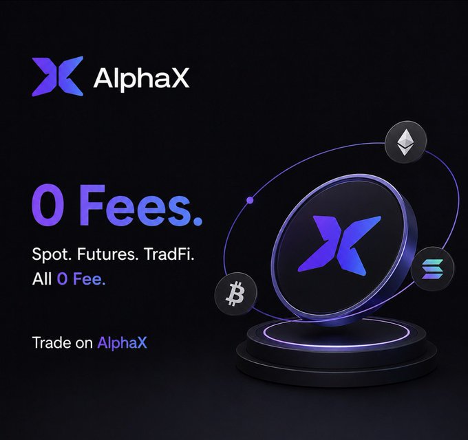 Promotional graphic for AlphaX advertising "0 Fees" for Spot, Futures, and TradFi trading.