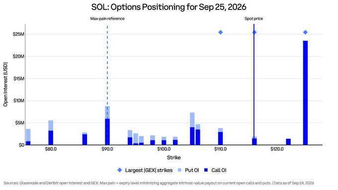 A bar chart titled "SOL: Options Positioning for Sep 25, 2026" displays open interest in USD across various strike prices ranging from $80 to $120+, with the largest call open interest concentrated at the $125 strike (~$24M), followed by notable call and put positions at $90, $105, and $115. The chart highlights the spot price at $115.9 and marks the max-pain reference at $90.00, visually reinforcing the post's observation that the $90 strike carries significant options exposure that could influence SOL's price action into expiry.