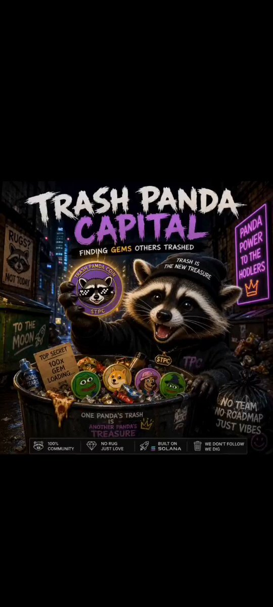 The image features a poster for a game called "Trash Panda Capital" with a raccoon character as the main attraction. The poster includes text that reads "Trash Panda Capital" and "Focus on what is in the image and how it relates to the post". It also mentions that there are hidden gems found before the crowd arrives, which could be related to the game or the raccoon character itself.

The poster encourages people to join the hunt for these hidden gems by sharing the post with their friends. The raccoon character is depicted holding a coin and standing in front of a pile of coins, suggesting that they are searching for valuable items within the pile.