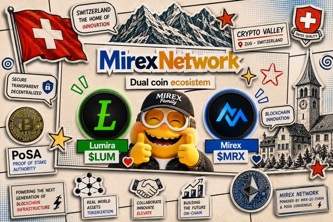 The image is a promotional graphic for the "Mirex Network," highlighting its "Dual Coin ecosystem" featuring Lumira ($LUM) and Mirex ($MRX) tokens, alongside claims of being "Switzerland – The Home of Innovation" with a focus on secure, decentralized, blockchain-based asset tokenization through a PoSA (Proof of Stake Authority) consensus mechanism.

The graphic visually reinforces the post's argument by positioning $MRX as the foundational native token required to power the Mirex L1 blockchain economy before any asset tokenization can occur, with slogans like "Powering the Next Generation of Blockchain Infrastructure" and "Building the Future On-Chain."