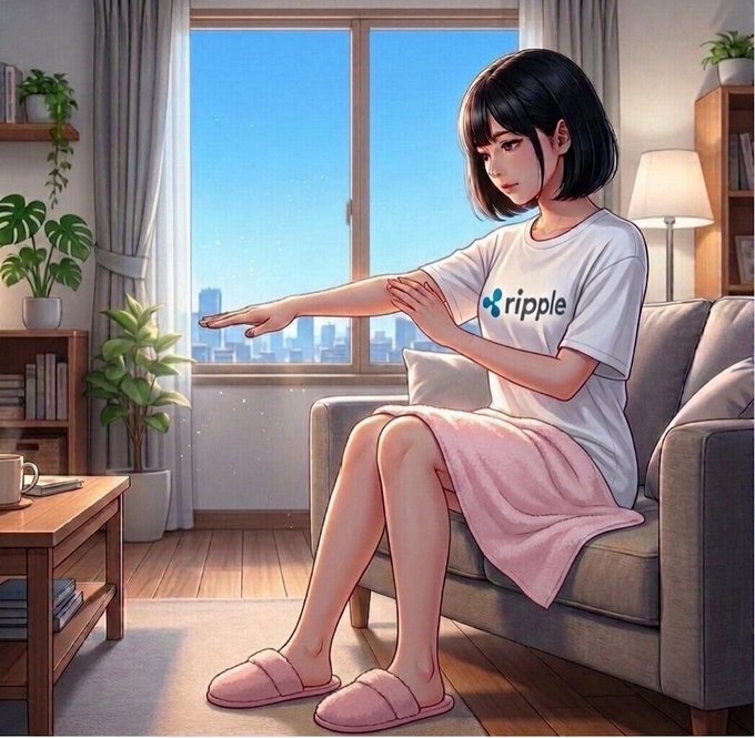 Anime-style illustration of a young woman with short black hair wearing a Ripple (cryptocurrency) t-shirt, sitting on a couch in a modern apartment.