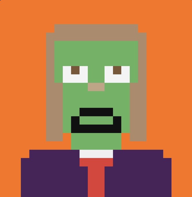 A pixel art portrait of a green-skinned character with brown hair wearing a purple suit jacket and red tie against an orange background.