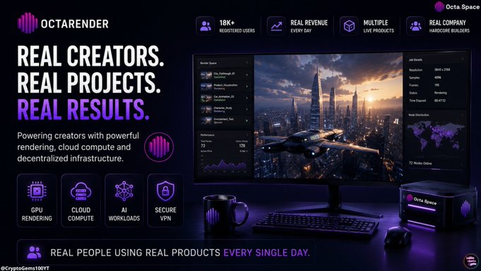 Promotional banner for OctaRender showcasing GPU rendering, cloud compute, AI workloads, and secure VPN with stats like '18K+ Registered Users' and 'Real Revenue Every Day.'