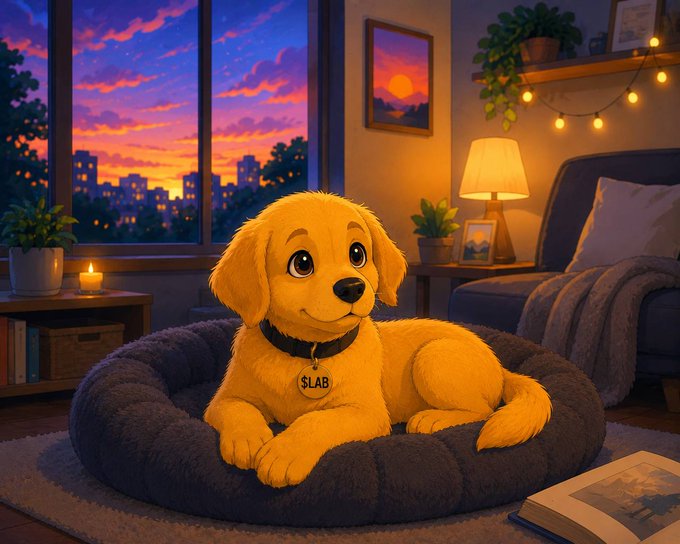 A digital illustration of a golden puppy wearing a '$LAB' tag resting in a dog bed, with a sunset cityscape visible through the window behind it.
