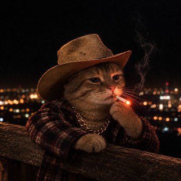 A cat in a cowboy hat and plaid shirt smokes a glowing cigarette against a nighttime city skyline, embodying the rugged, rebellious "Texas-sized attitude" of the $TEXCAT meme token featured in the post. The mascot's Lone Star aesthetic—hat, chain, and contemplative pose against distant city lights—visually captures the "feline meme energy meets bold Texas identity" branding.