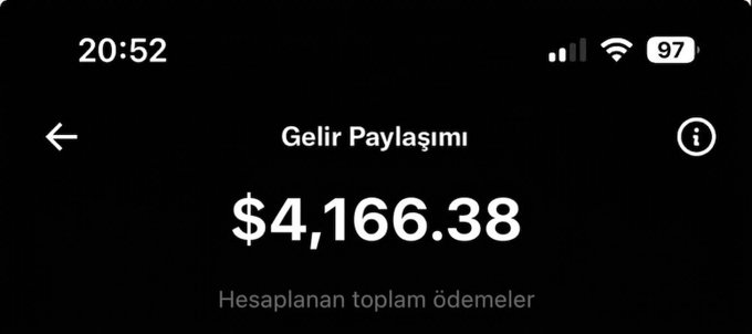 A mobile app screenshot at 20:52 displaying 'Gelir Paylaşımı' (Revenue Share) showing a balance of $4,166.38 labeled 'Hesaplanan toplam ödemeler' (Calculated total payments).