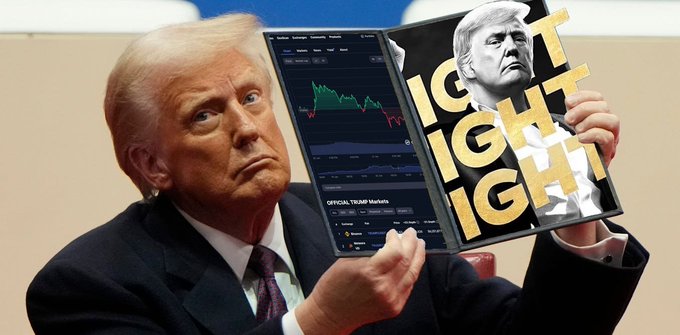 Donald Trump holds a tablet showing the $TRUMP token's price chart and what appears to be a large sum of money on it. This image likely illustrates the recent large transaction of $TRUMP tokens mentioned in the accompanying post.