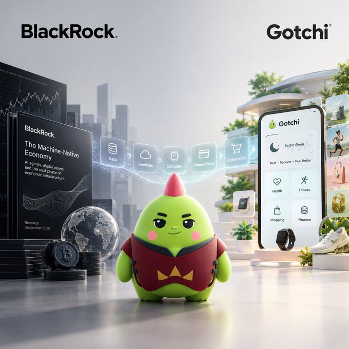 The image features a split composition with "BlackRock" on the left—showing a research publication titled "The Machine-Native Economy" (September 2026) alongside a Bitcoin figurine—and "Gotchi" on the right, displaying the @sleepagotchi app interface with features like "Better Sleep," Health, Fitness, Shopping, and Finance, with a green mascot character in a red vest positioned centrally between financial infrastructure (Data → Services → Compute → Transactions → Commerce) and the consumer app.