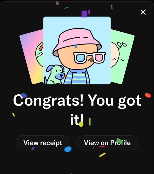 A "Congrats! You got it!" confirmation screen displays a digital trading card featuring a cartoon character with a pink bucket hat and white glasses, with buttons to "View receipt" or "View on Profile."