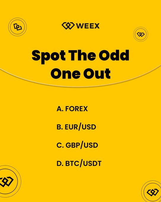 A yellow WEEX quiz graphic titled 'Spot The Odd One Out' with four options: A. FOREX, B. EUR/USD, C. GBP/USD, and D. BTC/USDT.