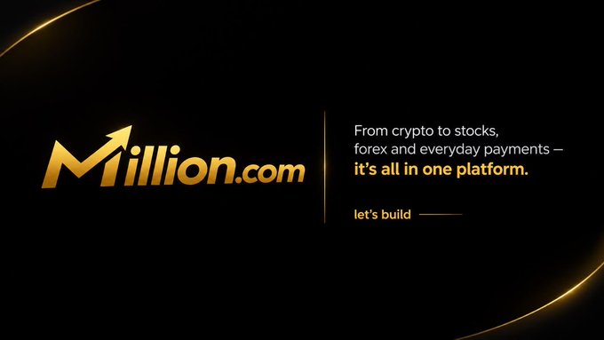 A promotional banner for Million.com with the tagline 'From crypto to stocks, forex and everyday payments – it's all in one platform.' and 'let's build' in gold text on a black background.