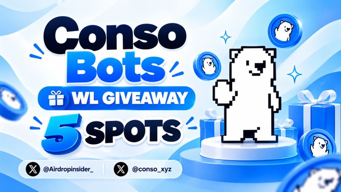 A promotional graphic reading "Conso Bots WL GIVEAWAY 5 SPOTS" featuring a pixel-art white character and gift boxes, with social handles "@Airdropsider_" and "@conso_xyz".