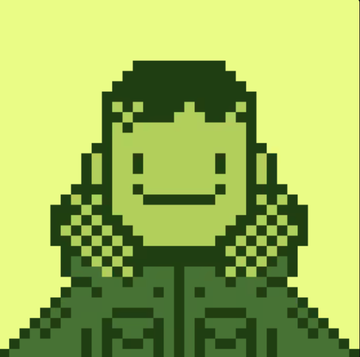 A pixel art illustration of a smiling green figure with long hair, wearing a green robe with patterns, set against a yellow-green background.