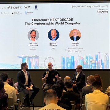 A panel discussion at the Ethereum Ecosystem Summit titled 'Ethereum's NEXT DECADE The Cryptographic World Computer' featuring speakers Michael Camera (Lido), Joseph Chalhoub (Zircuit), and Joseph Lubin (Co-Founder of Ethereum).