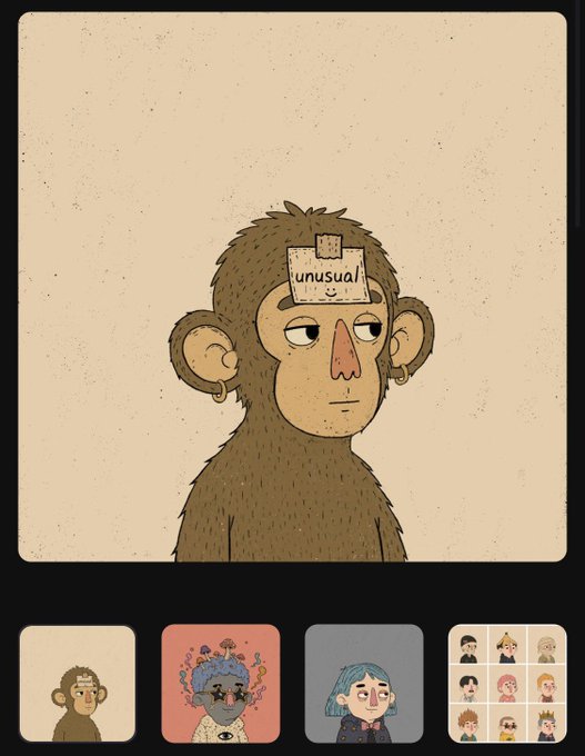 An illustrated NFT-style image of a bored-looking monkey with a sticky note labeled 'unusual' on its forehead, displayed alongside thumbnail variations.