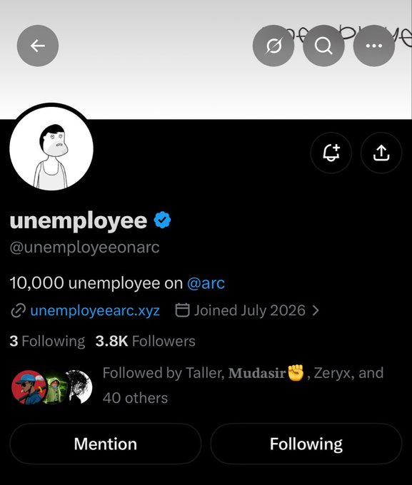 Twitter/X profile page for 'unemployee' (@unemployeeonarc) with 3.8K followers and 3 following, promoting '10,000 unemployee on @arc' with a link to unemployeearc.xyz.