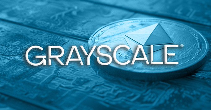 A promotional image featuring the "GRAYSCALE" logo overlaid on a blue-tinted Ethereum coin resting on a textured surface.