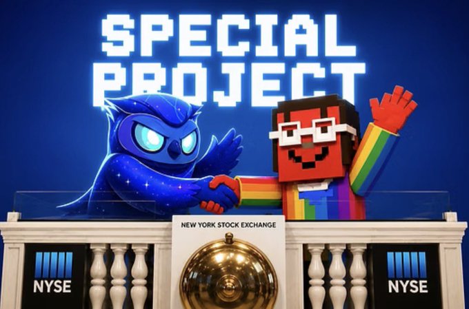Promotional graphic titled 'SPECIAL PROJECT' featuring a blue owl-like character and a blocky pixelated figure wearing rainbow stripes shaking hands atop the New York Stock Exchange building with 'NYSE' signage and a golden bell.