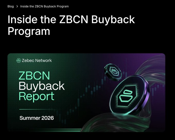 A dark-themed blog header titled "Inside the ZBCN Buyback Program" features a promotional graphic for the "ZBCN Buyback Report, Summer 2026" by Zebec Network, showcasing stylized glowing coins and a stock chart on a purple and teal background, visually reinforcing the post's emphasis on Zebec's token buyback mechanism as a key driver of ZBCN's value.