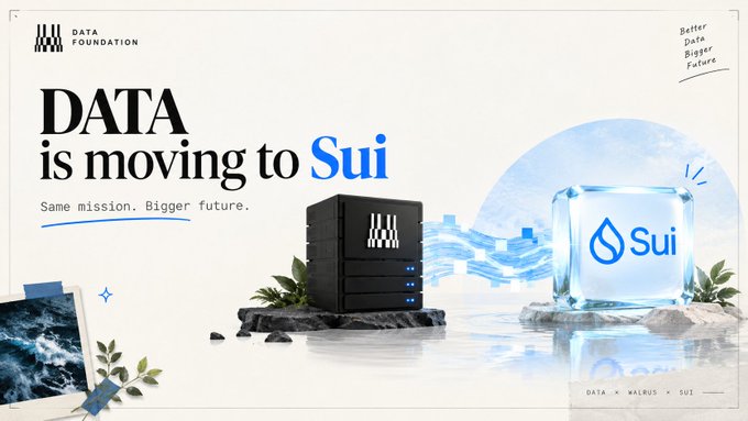 A promotional graphic reading 'DATA is moving to Sui' and 'Same mission. Bigger future.' by the Data Foundation, showing a server tower and an ice block with the Sui logo.