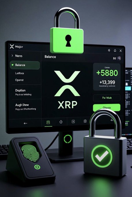 A promotional graphic for the XRP cryptocurrency displayed on a monitor, featuring security elements like padlocks and a fingerprint scanner, with a balance of +5880.