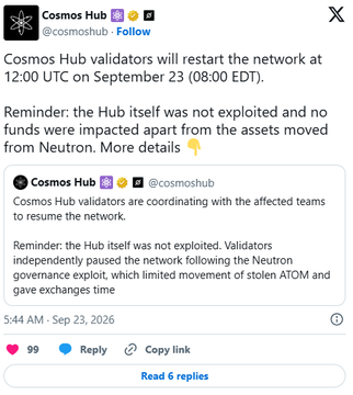 A tweet from @cosmoshub announces that Cosmos Hub validators will restart the network at 12:00 UTC on September 23 (08:00 EDT) following the Neutron governance exploit, noting the Hub itself was not exploited. The image relates to the post by showing the official Cosmos Hub response and recovery plan after an attacker exploited the Neutron governance to hijack blockchain contracts.