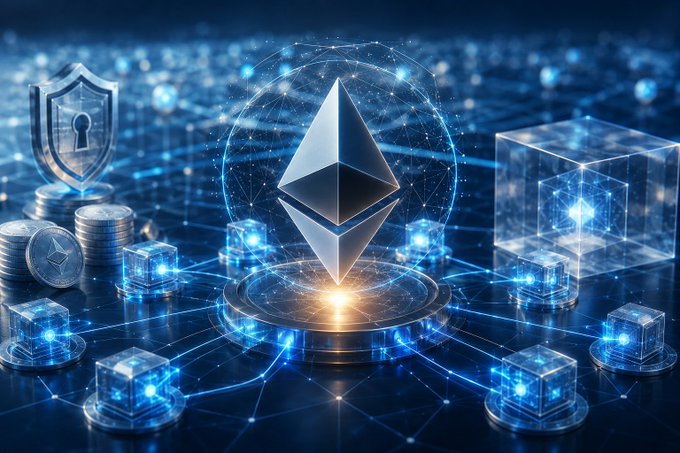 A digital artwork featuring the Ethereum logo prominently in the center, surrounded by glowing blue blockchain cubes, network connections, a security shield, and stacks of coins.