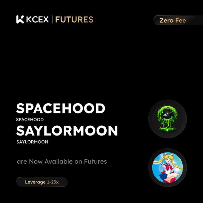 A KCEX Futures announcement showing that 'SPACEHOOD' and 'SAYLORMOON' are now available on Futures with leverage 1-25x and zero fees, featuring a Sailor Moon character icon.
