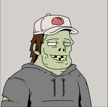 A cartoon zombie character with green skin, gold teeth, a brain logo cap, and gray hoodie on a white background.