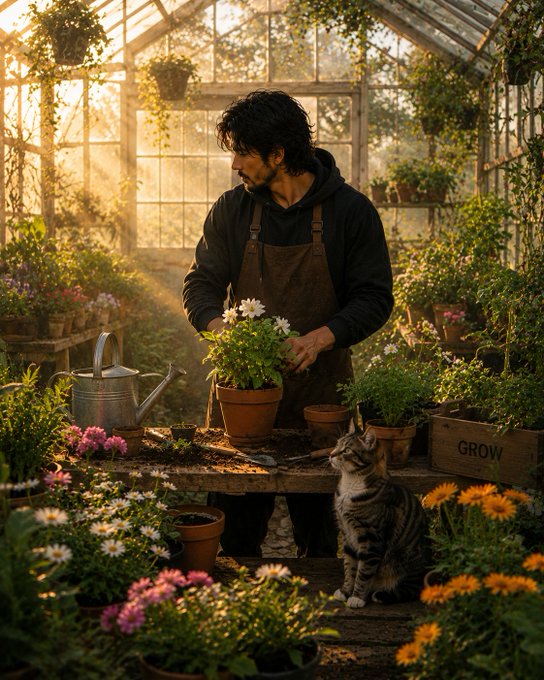 A man in a brown apron tends to white flowers in a sunlit greenhouse, surrounded by potted plants and a tabby kitten sitting on the wooden floor.