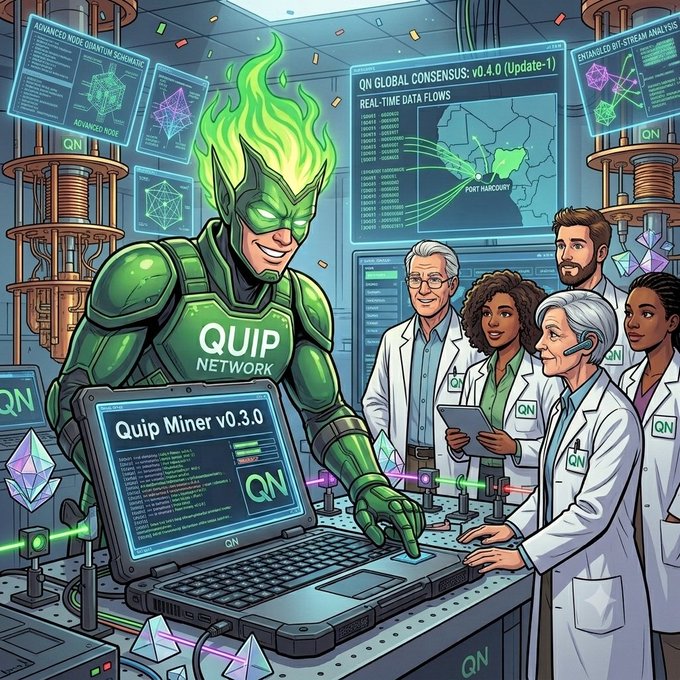 A green superhero labeled "QUIP NETWORK" presents "Quip Miner v0.3.0" on a rugged laptop to a team of scientists in lab coats, with surrounding screens displaying "QN GLOBAL CONSENSUS: v0.4.0 (Update-1)" and "ADVANCED NODE QUANTUM SCHEMATIC" data. The image visually represents the post's announcement of flexibility improvements, illustrating how the new generic wrapper allows diverse external solvers to integrate seamlessly with the Quip Network ecosystem.