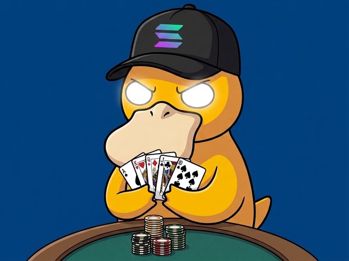 A determined cartoon duck wearing a black cap with the Solana logo sits at a poker table holding a winning hand (three Kings and two Aces) with poker chips stacked in front, symbolizing a high-stakes crypto gamble. The confident, all-in posture visually reinforces the post's bullish sentiment about the $WSOLP token being a victorious early play in an unfolding "war."