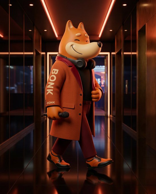A 3D-rendered anthropomorphic Shiba Inu dog wearing an orange jacket with "BONK" on the sleeve, headphones around its neck, and sneakers, walking through a modern hallway with red neon lighting.