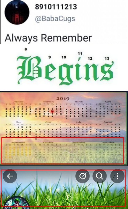 A tweet from @BabaCugs displays the message "Always remember" above the word "Begins" in green Old English-style font, with numbers 8-13 above each letter, followed by a 2019 calendar and grass image—visually highlighting the months from September through December with a red box, corresponding to numbers 10-12 in the word "Begins" as instructed by the post.